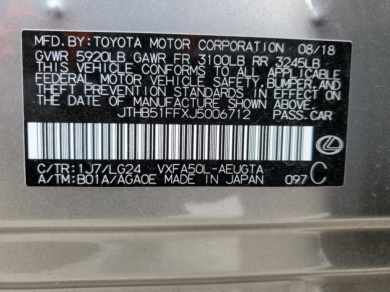 JTHB51FFXJ5006712 2018 Lexus Ls 500 Base