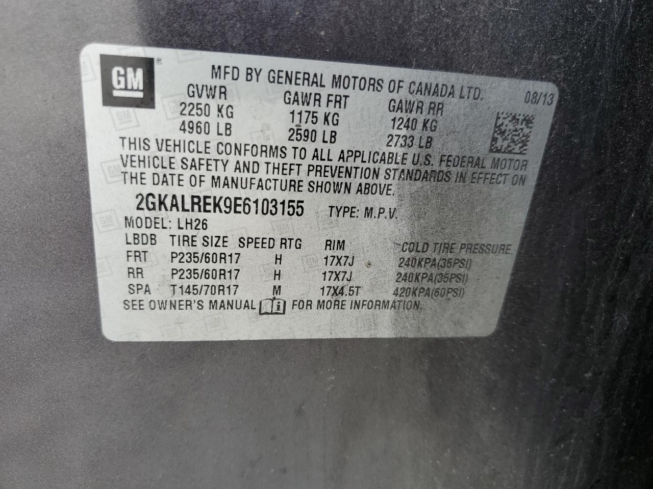 2GKALREK9E6103155 2014 GMC Terrain Sle