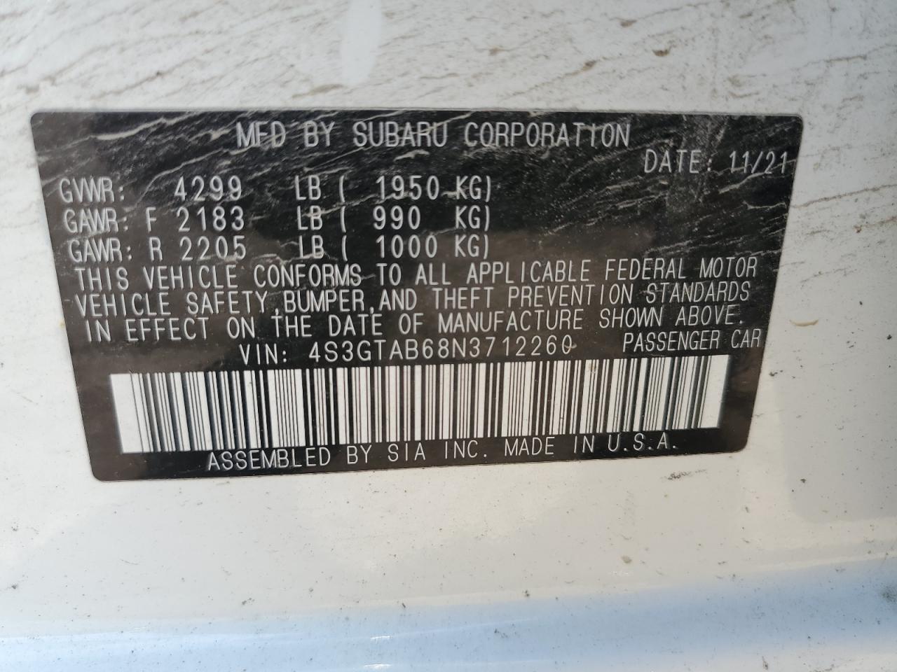 4S3GTAB68N3712260 2022 Subaru Impreza