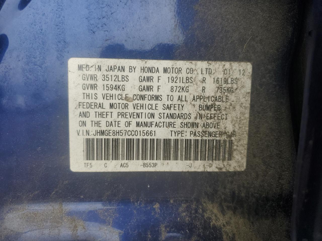 JHMGE8H57CC015661 2012 Honda Fit Sport