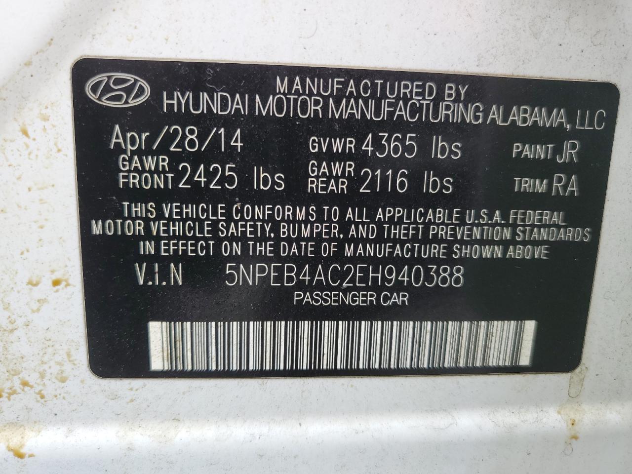 5NPEB4AC2EH940388 2014 Hyundai Sonata Gls