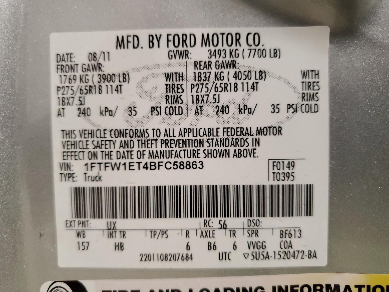 1FTFW1ET4BFC58863 2011 Ford F150 Supercrew