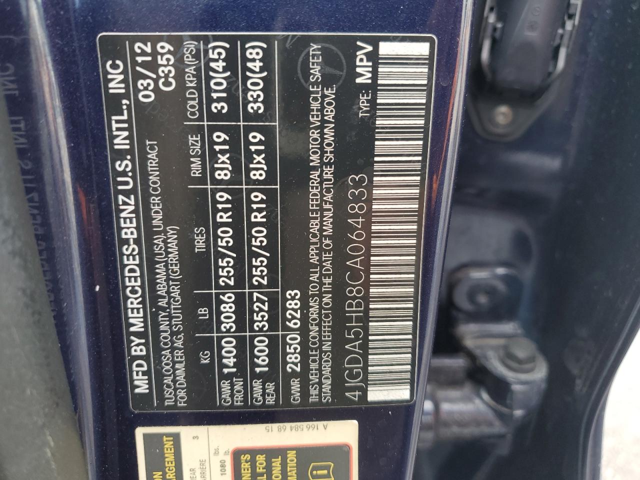 4JGDA5HB8CA064833 2012 Mercedes-Benz Ml 350 4Matic