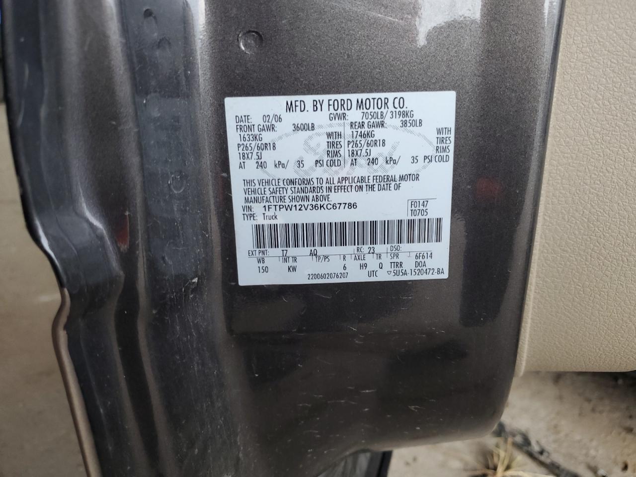 1FTPW12V36KC67786 2006 Ford F150 Supercrew