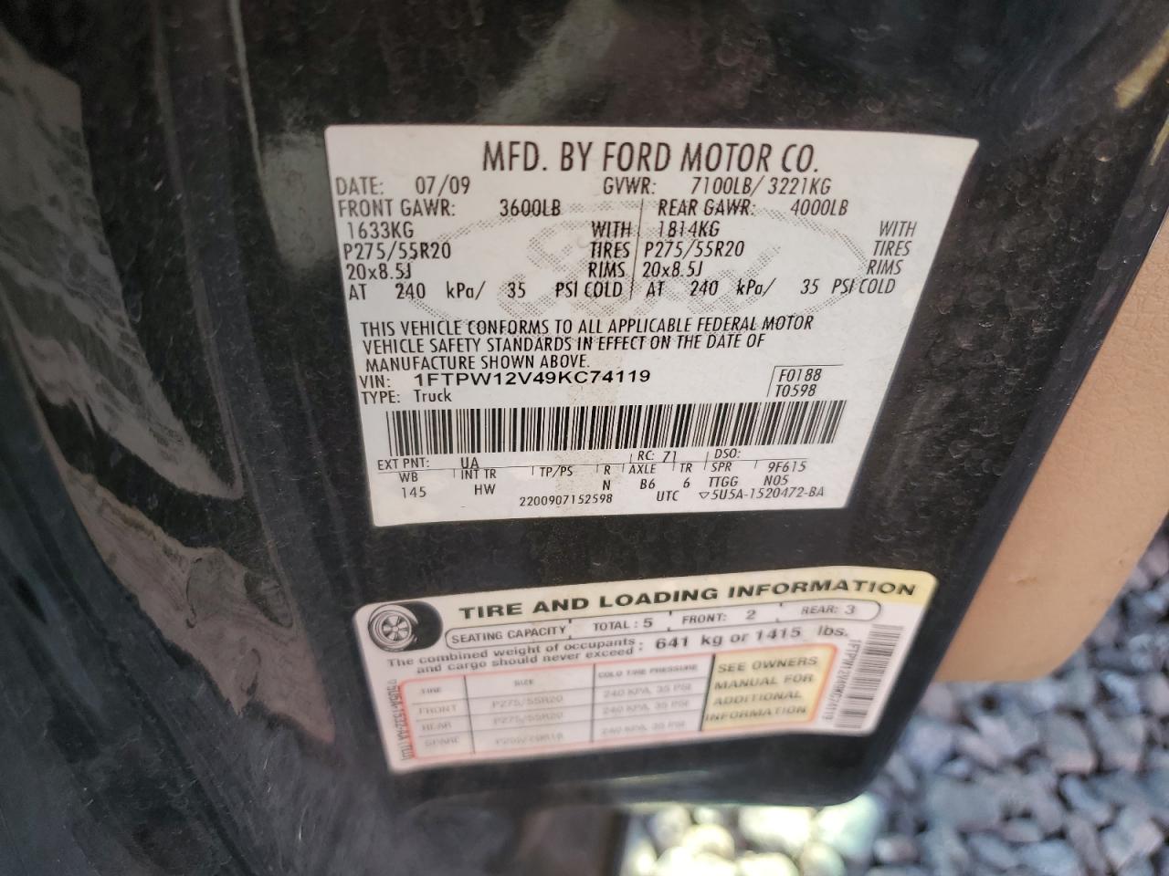 1FTPW12V49KC74119 2009 Ford F150 Supercrew