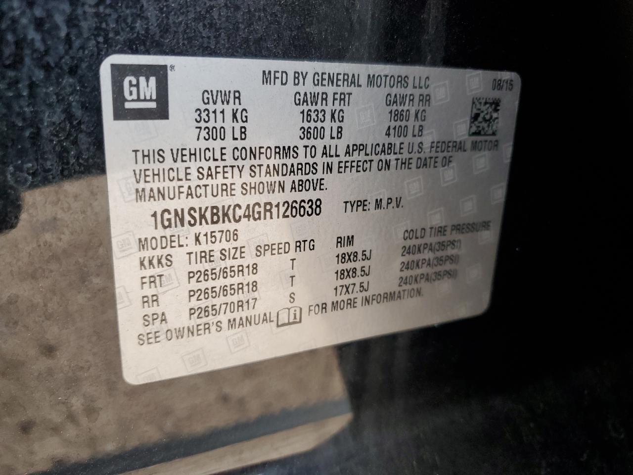 1GNSKBKC4GR126638 2016 Chevrolet Tahoe K1500 Lt