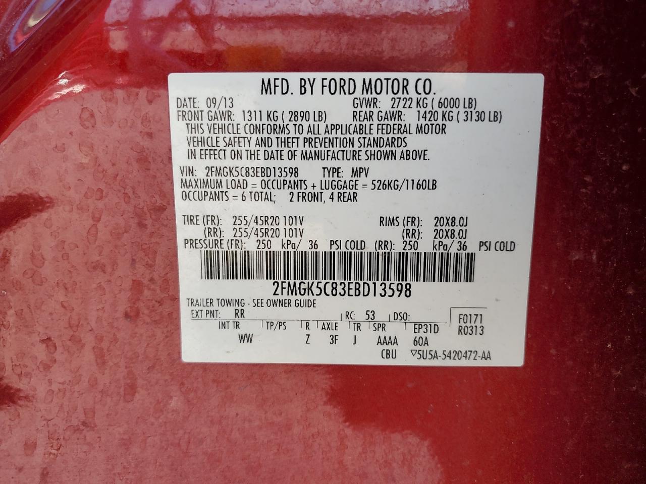 2FMGK5C83EBD13598 2014 Ford Flex Sel