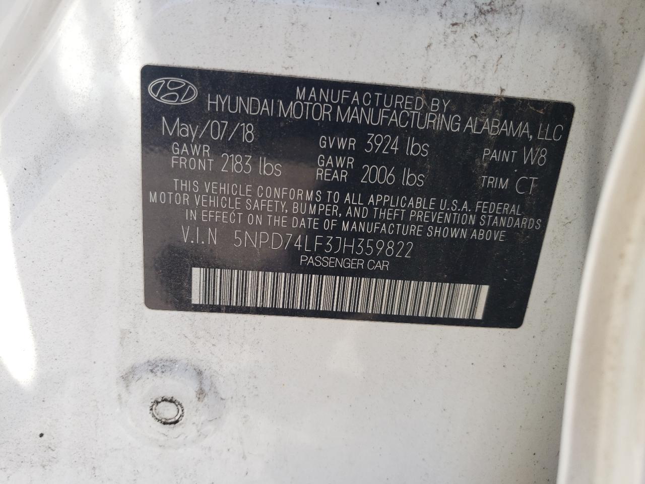 5NPD74LF3JH359822 2018 Hyundai Elantra Se