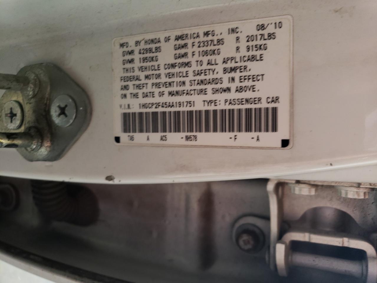 1HGCP2F45AA191751 2010 Honda Accord Lxp