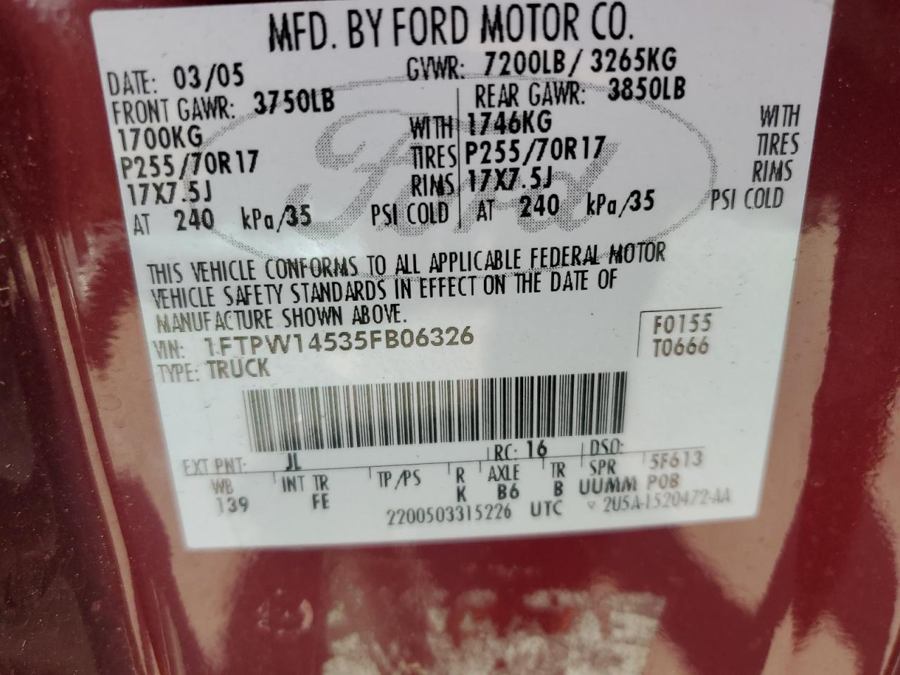 1FTPW14535FB06326 2005 Ford F150 Supercrew