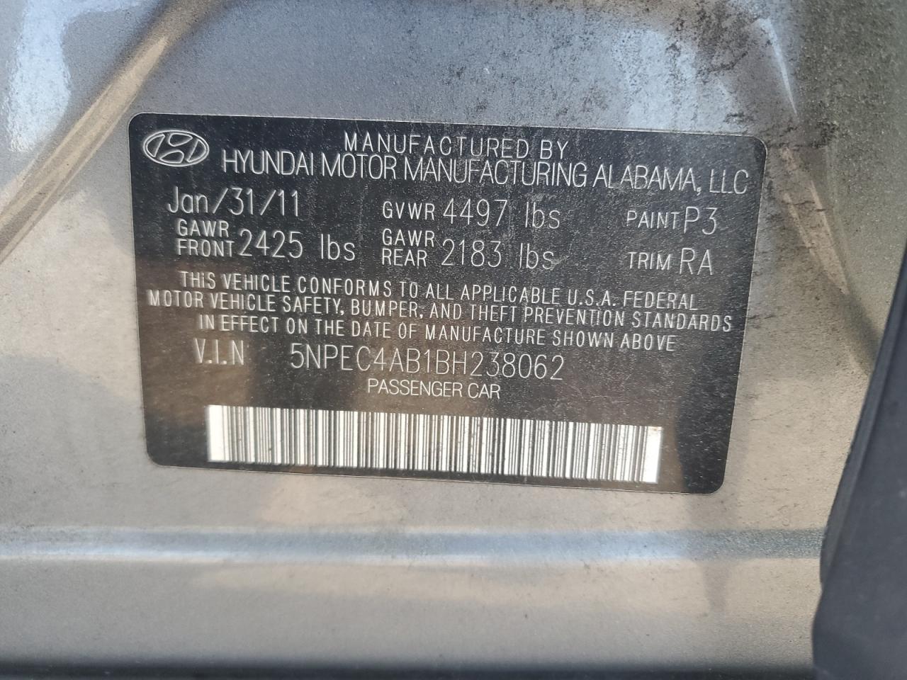 5NPEC4AB1BH238062 2011 Hyundai Sonata Se