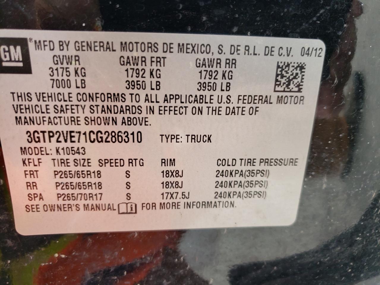3GTP2VE71CG286310 2012 GMC Sierra K1500 Sle