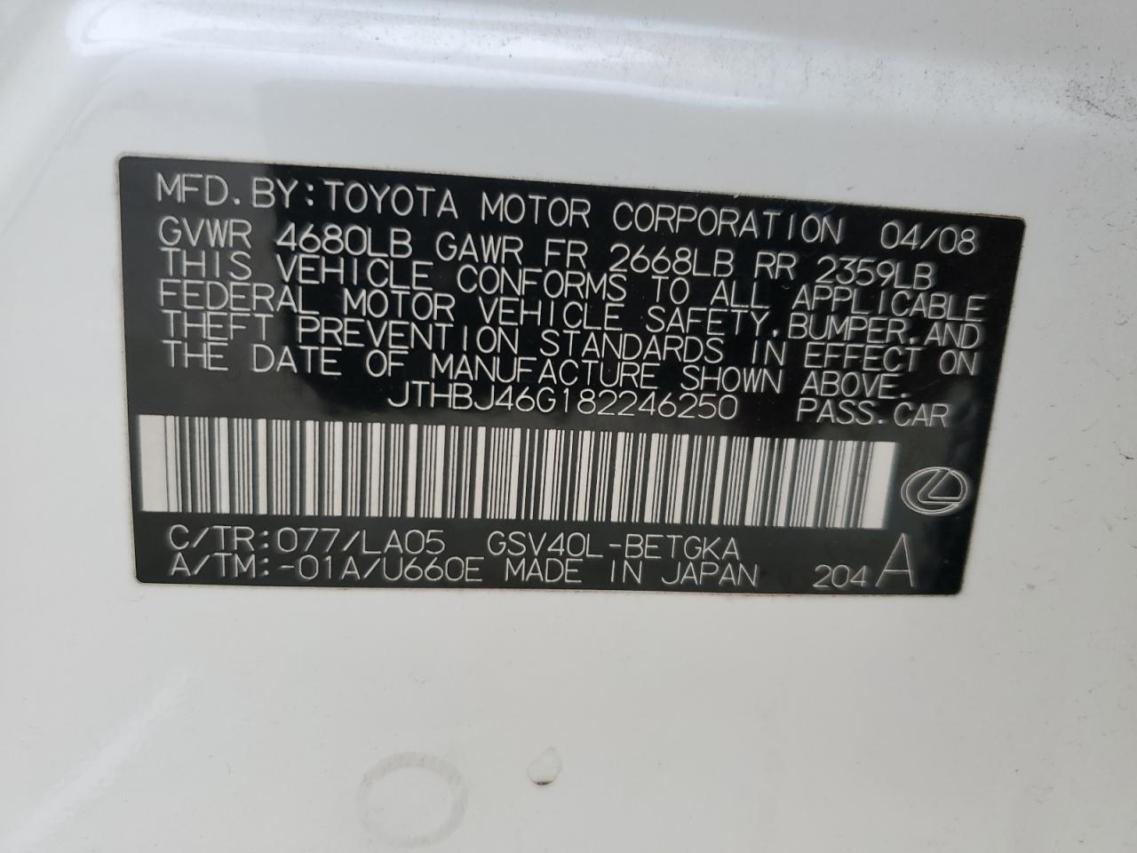 JTHBJ46G182246250 2008 Lexus Es 350