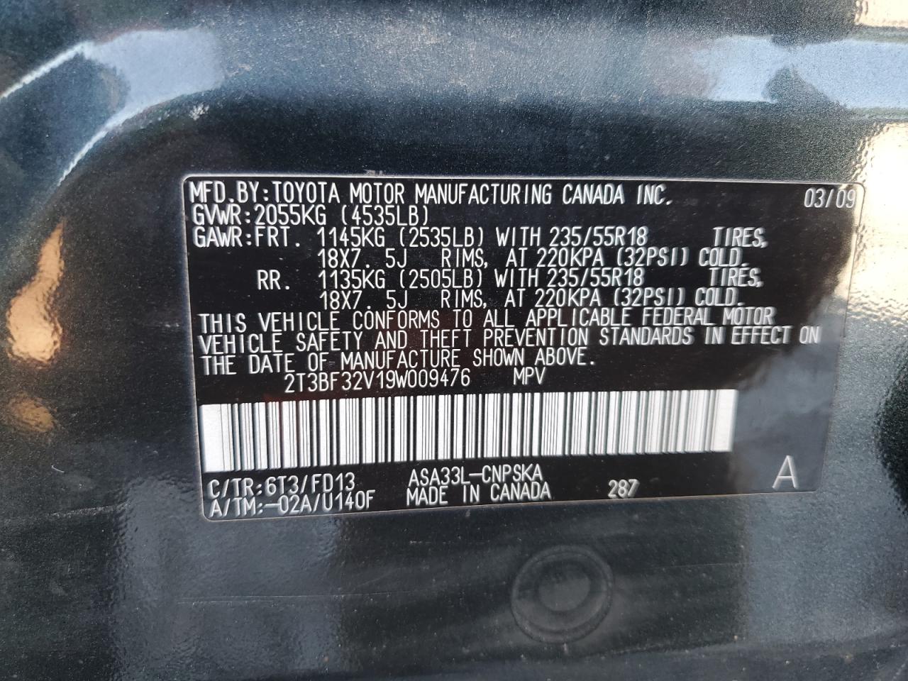 2T3BF32V19W009476 2009 Toyota Rav4 Sport