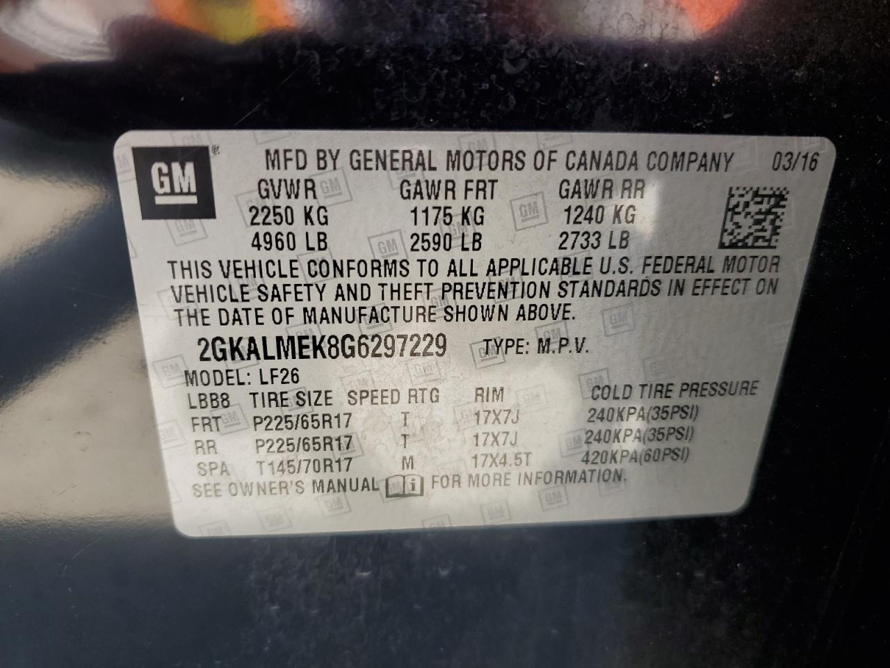 2GKALMEK8G6297229 2016 GMC Terrain Sle