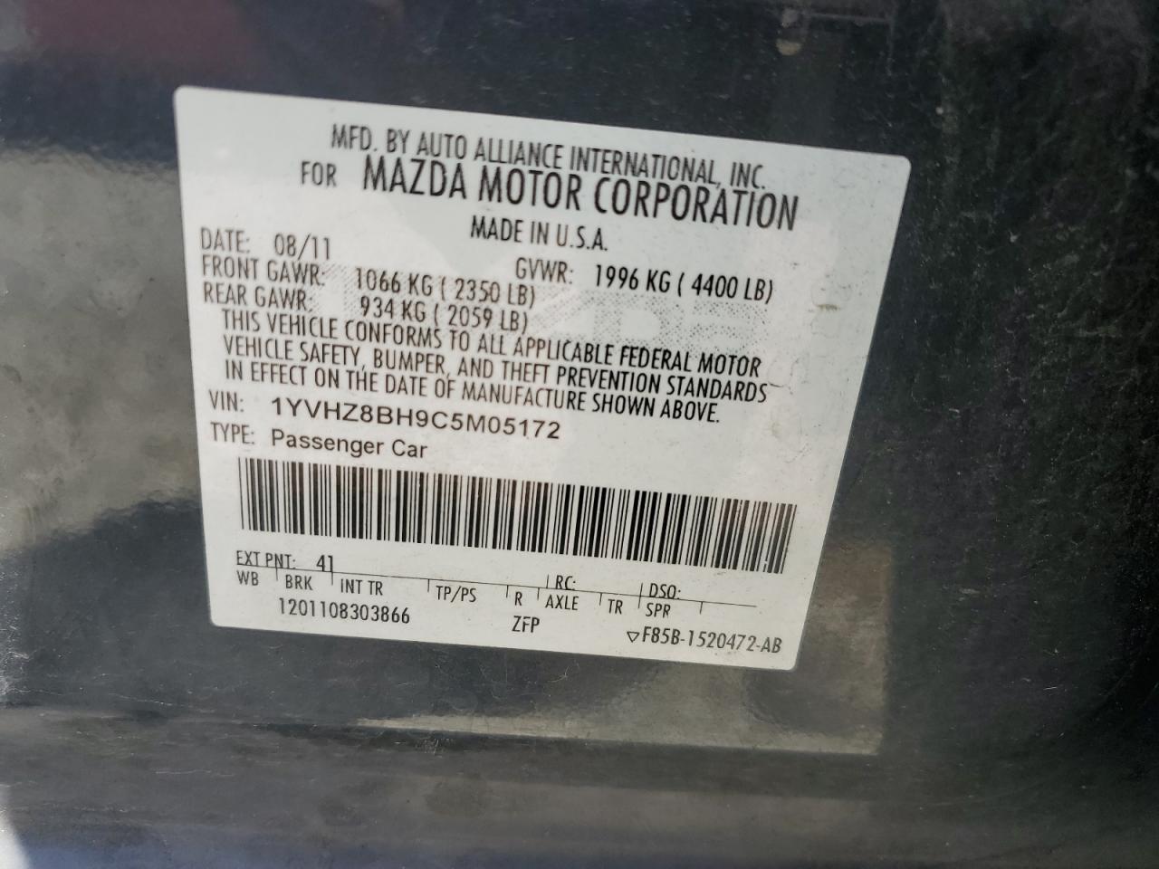 1YVHZ8BH9C5M05172 2012 Mazda 6 I