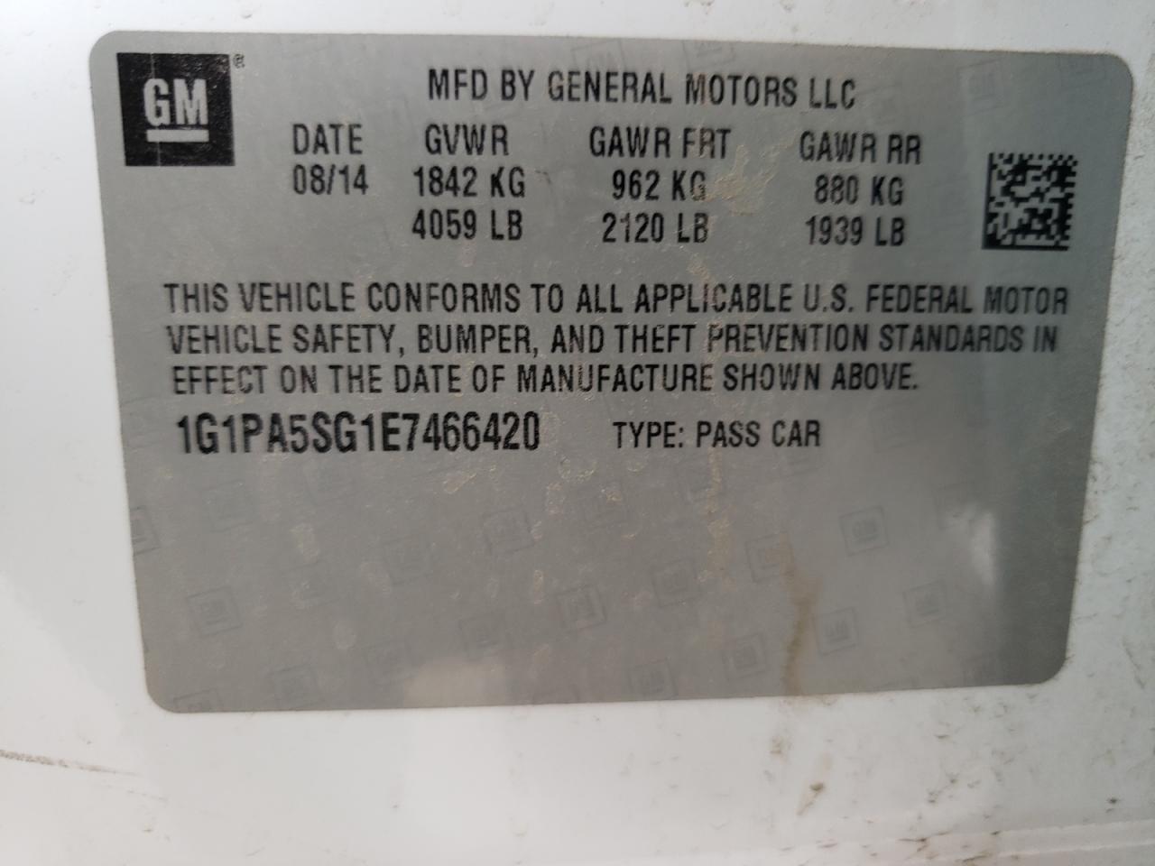 1G1PA5SG1E7466420 2014 Chevrolet Cruze Ls