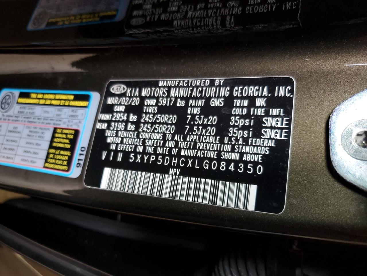 5XYP5DHCXLG084350 2020 Kia Telluride Sx