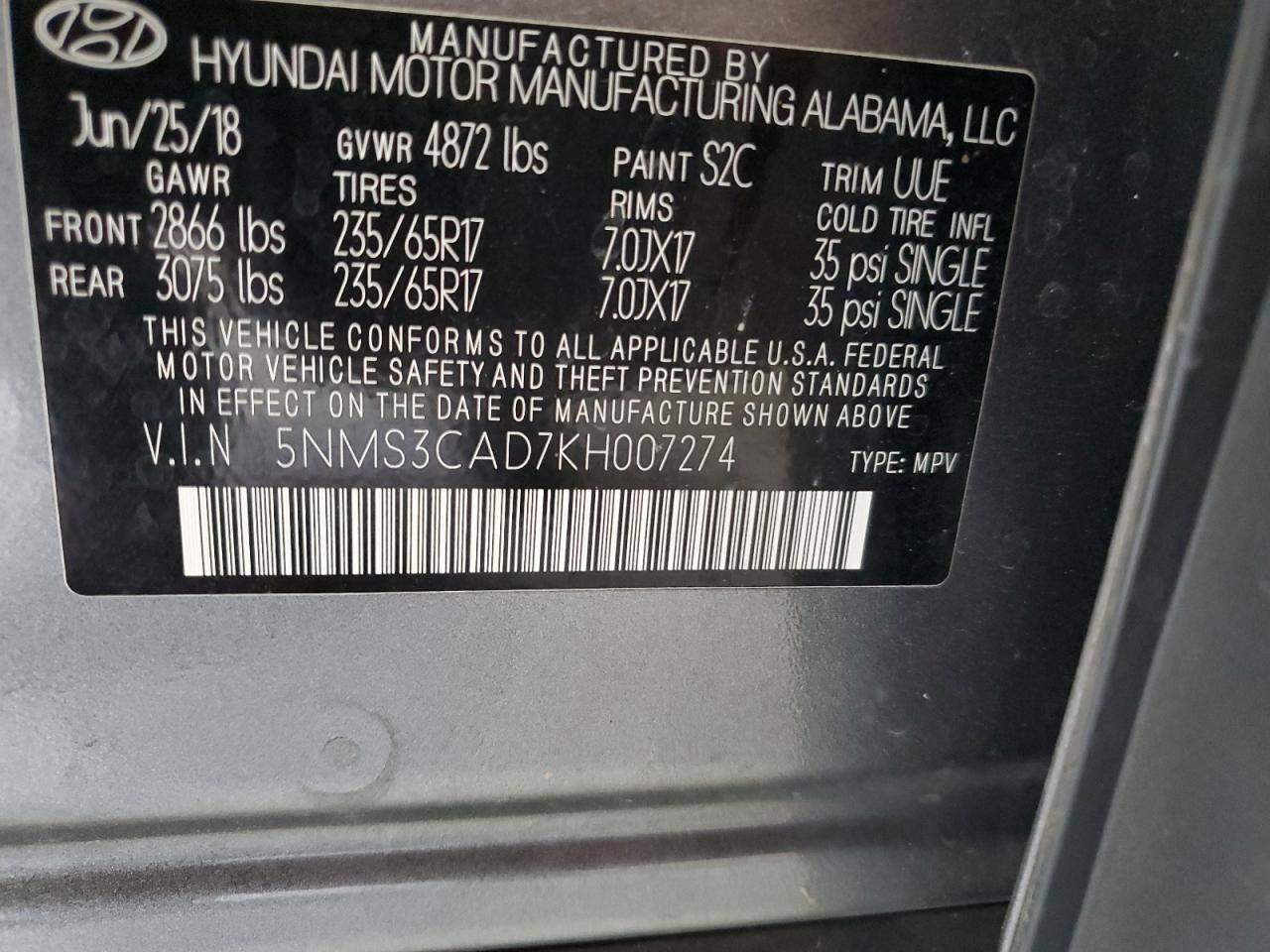 5NMS3CAD7KH007274 2019 Hyundai Santa Fe Sel