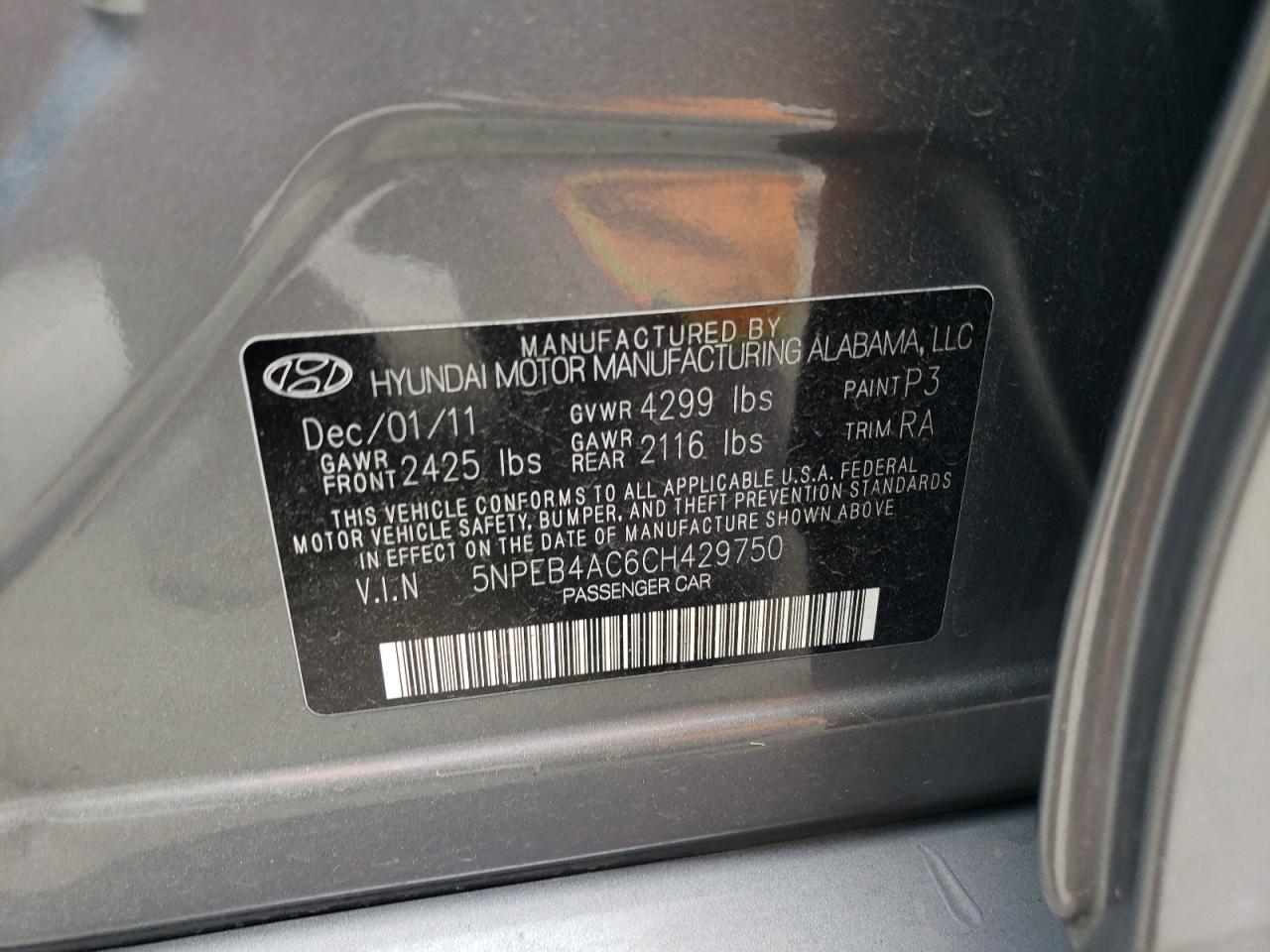 5NPEB4AC6CH429750 2012 Hyundai Sonata Gls