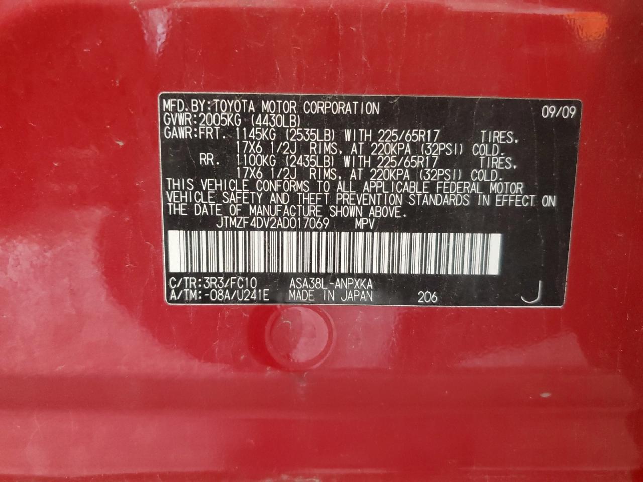 JTMZF4DV2AD017069 2010 Toyota Rav4