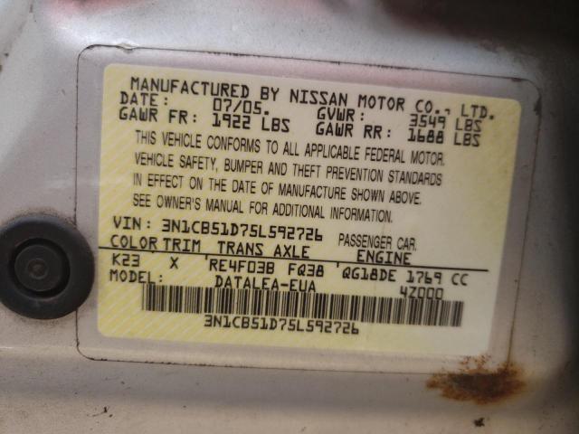 2005 Nissan Sentra 1.8 VIN: 3N1CB51D75L592726 Lot: 58438744
