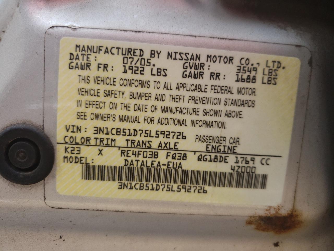 3N1CB51D75L592726 2005 Nissan Sentra 1.8
