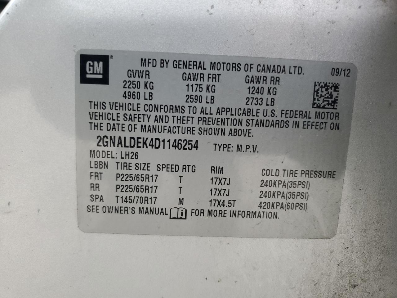 2GNALDEK4D1146254 2013 Chevrolet Equinox Lt