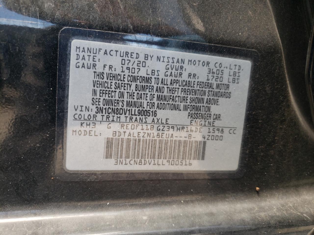 3N1CN8DV1LL900516 2020 Nissan Versa S