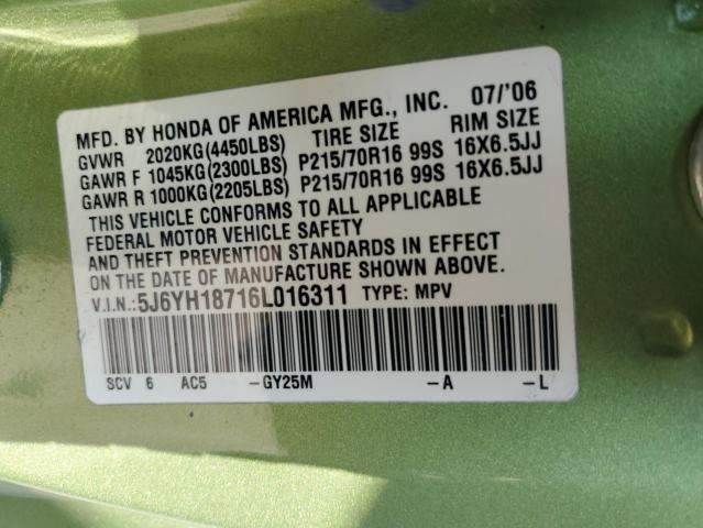 2006 Honda Element Ex VIN: 5J6YH18716L016311 Lot: 59251524