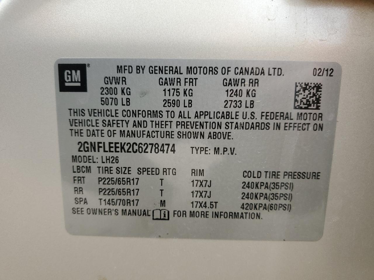 2GNFLEEK2C6278474 2012 Chevrolet Equinox Lt