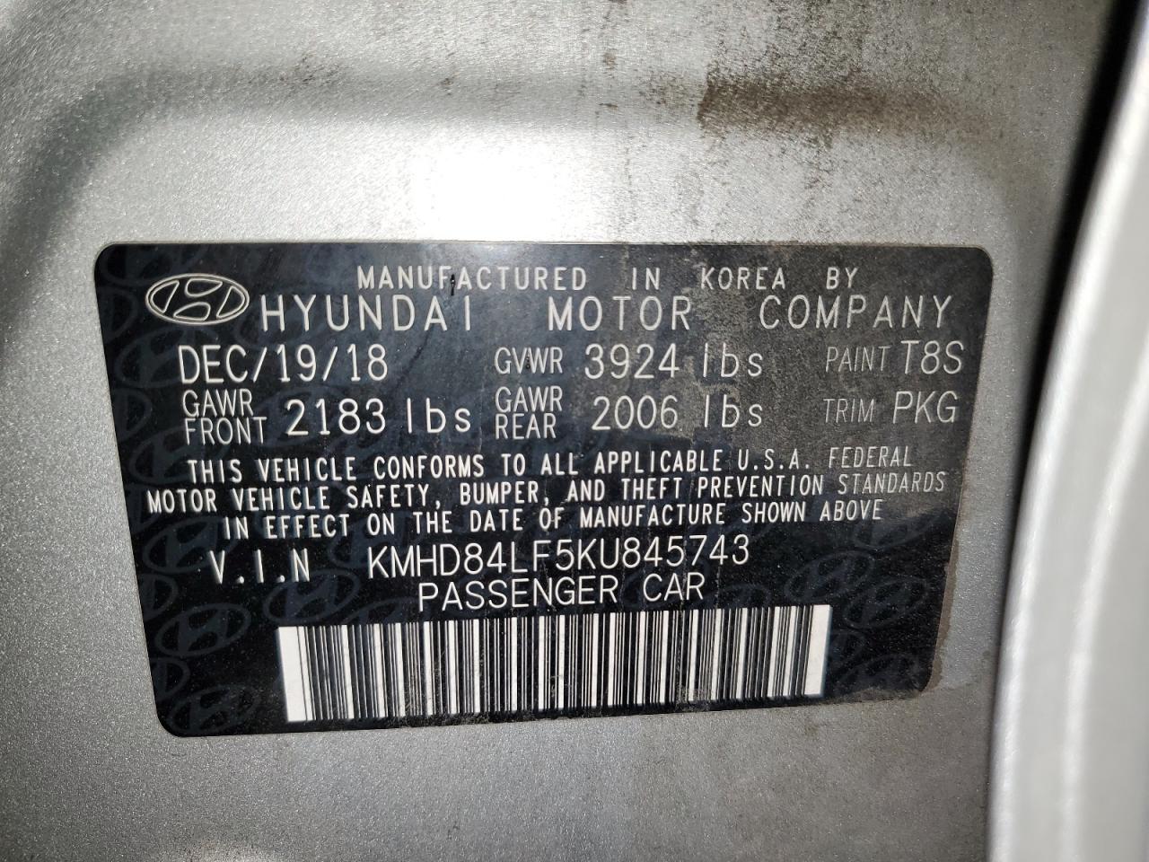 KMHD84LF5KU845743 2019 Hyundai Elantra Sel