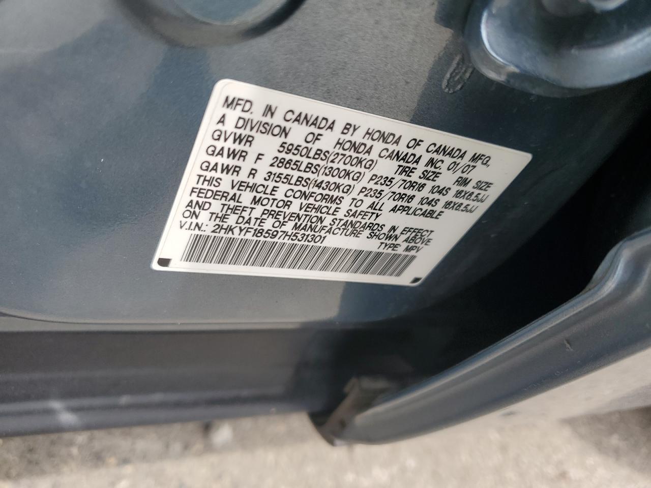 2HKYF18597H531301 2007 Honda Pilot Exl