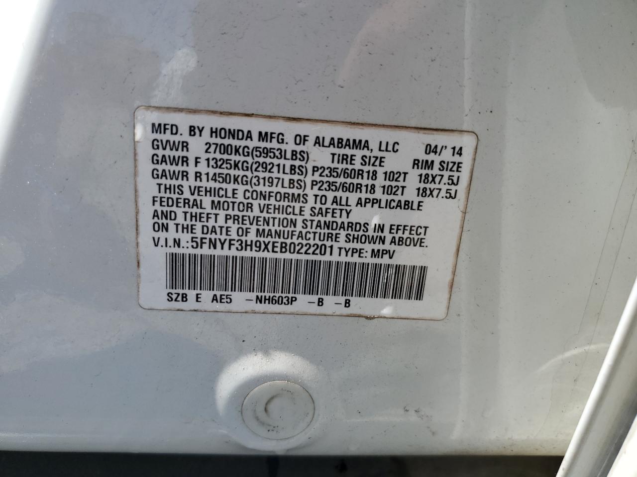 5FNYF3H9XEB022201 2014 Honda Pilot Touring