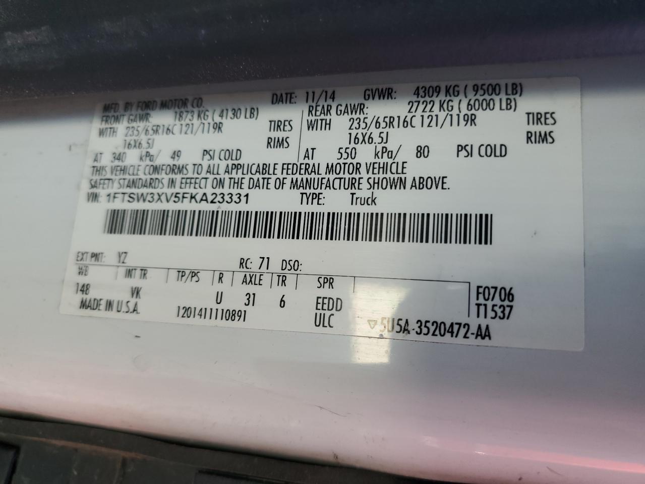 1FTSW3XV5FKA23331 2015 Ford Transit T-350