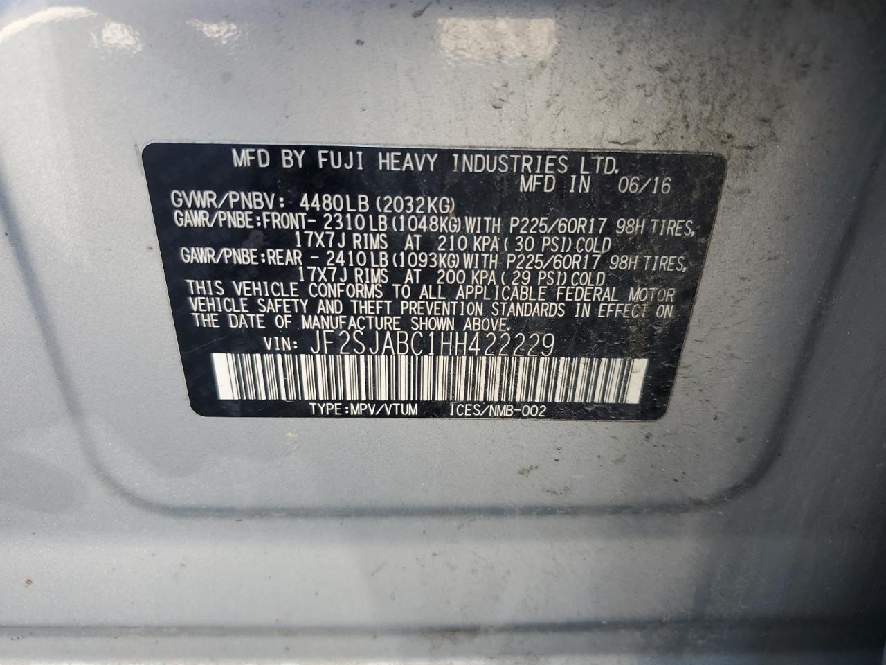 JF2SJABC1HH422229 2017 Subaru Forester 2.5I