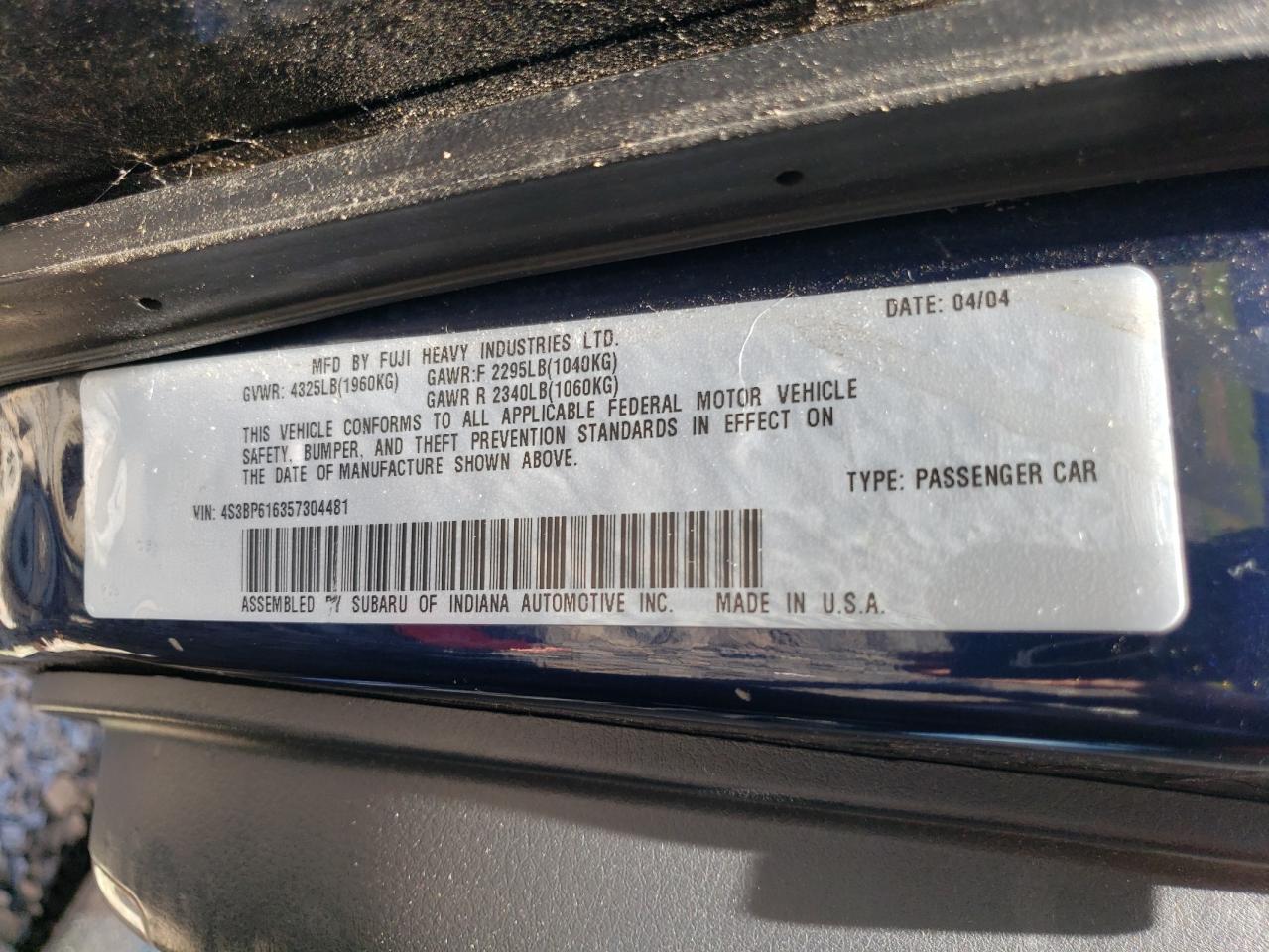 4S3BP616357304481 2005 Subaru Legacy 2.5I