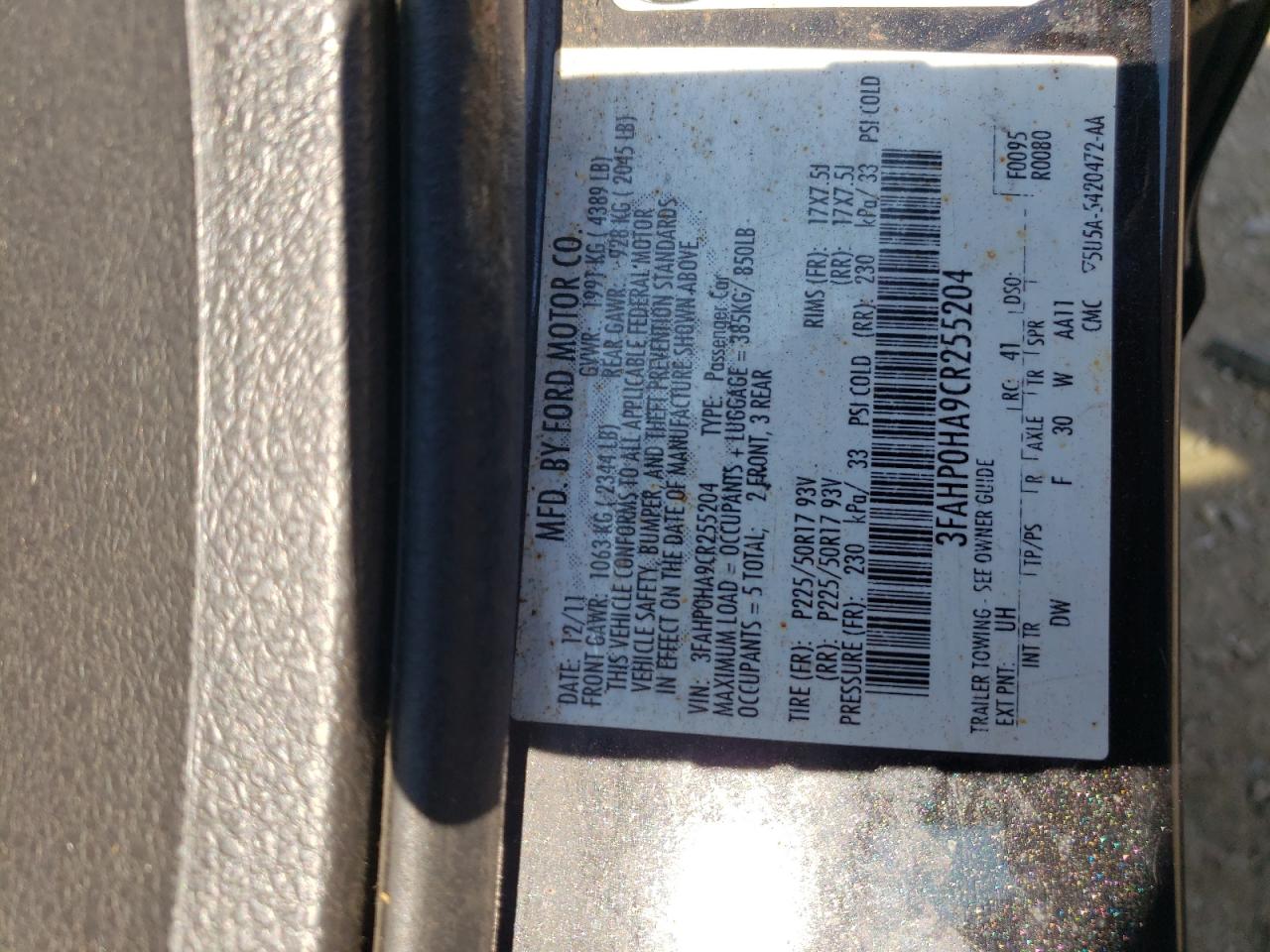 3FAHP0HA9CR255204 2012 Ford Fusion Se