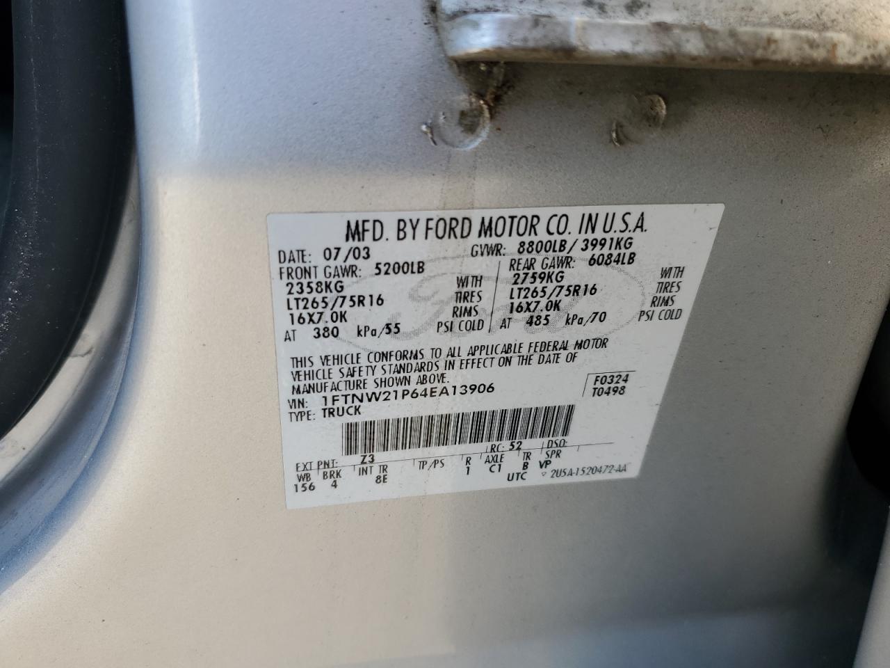 1FTNW21P64EA13906 2004 Ford F250 Super Duty