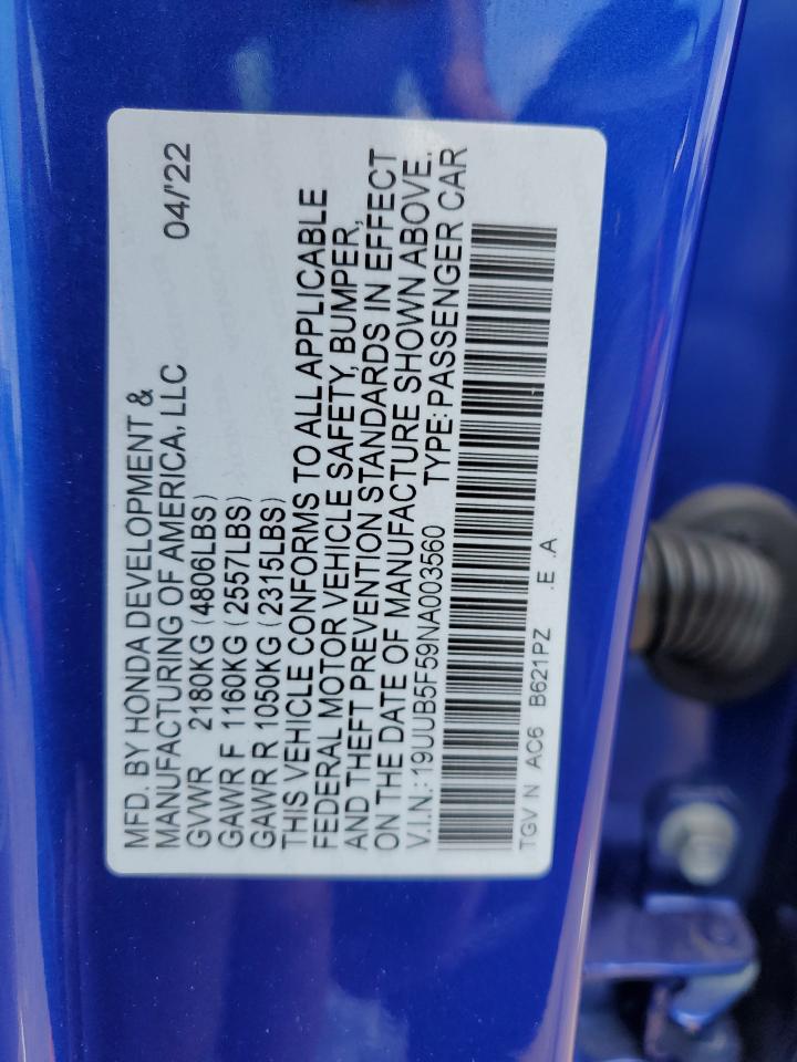 19UUB5F59NA003560 2022 Acura Tlx Tech A