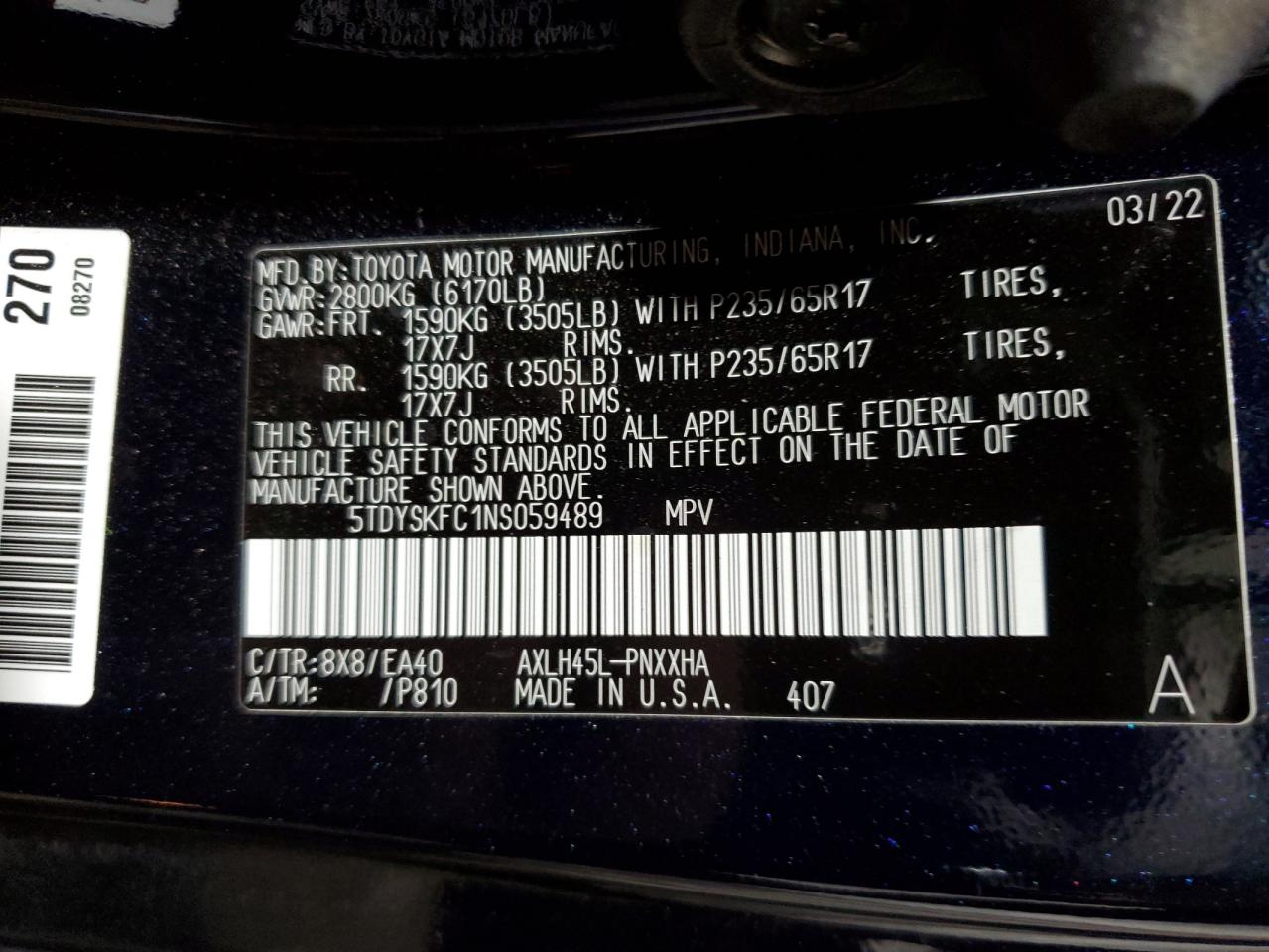 5TDYSKFC1NS059489 2022 Toyota Sienna Xle