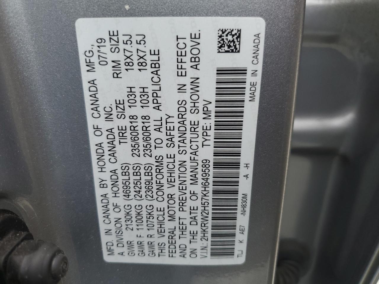 2HKRW2H57KH649589 2019 Honda Cr-V Ex