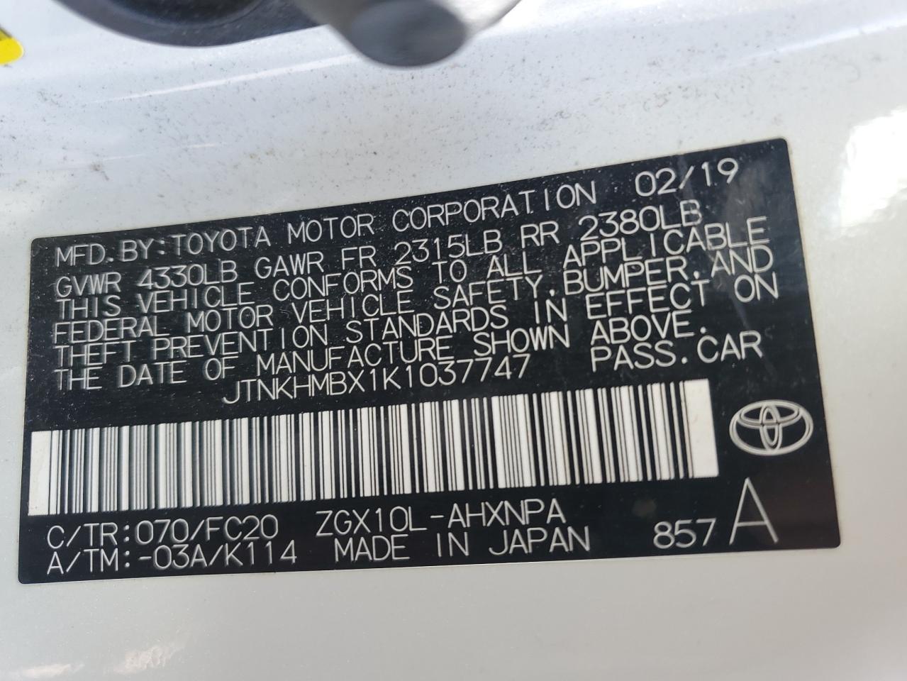 JTNKHMBX1K1037747 2019 Toyota C-Hr Xle