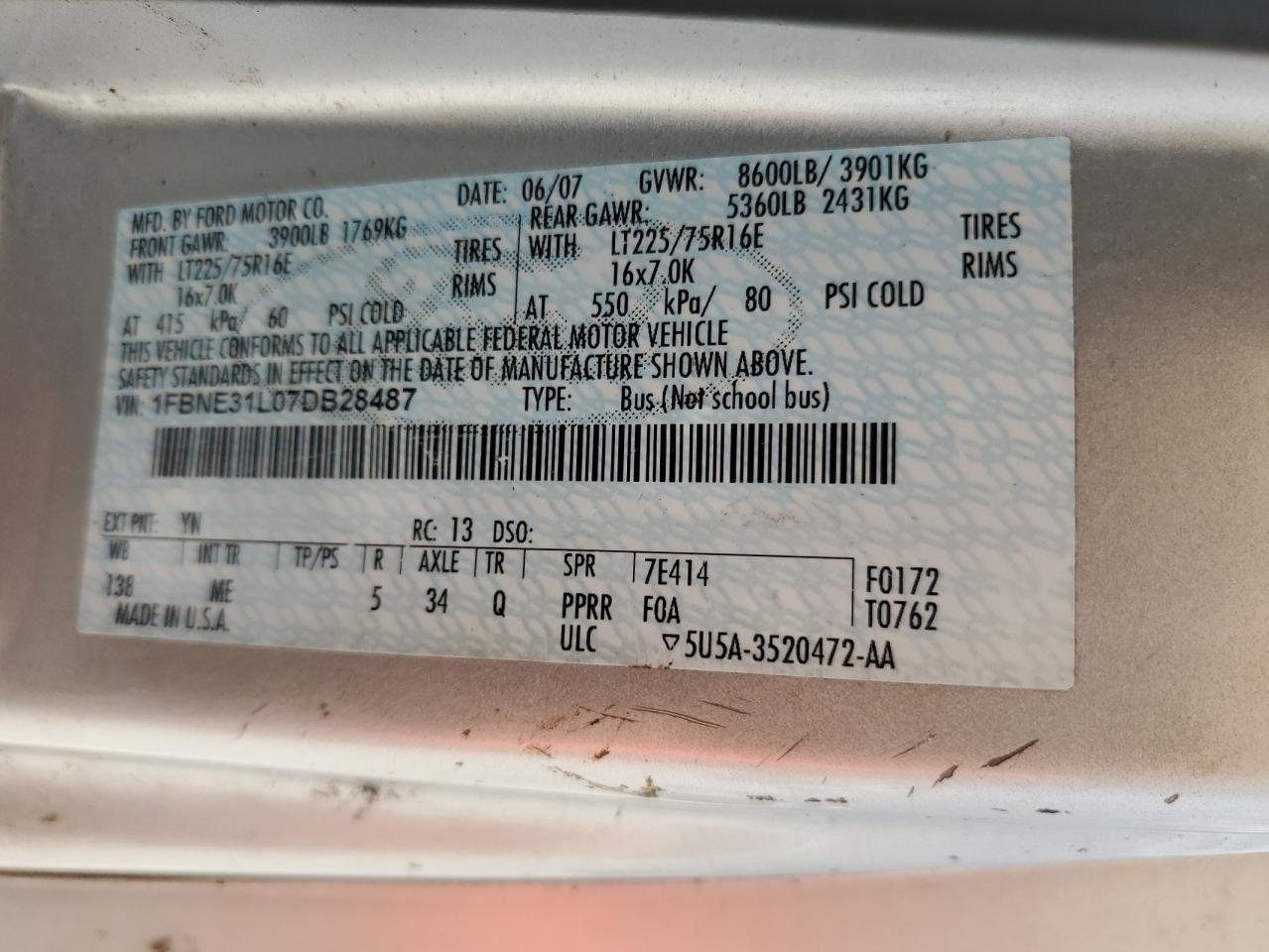 1FBNE31L07DB28487 2007 Ford Econoline E350 Super Duty Wagon