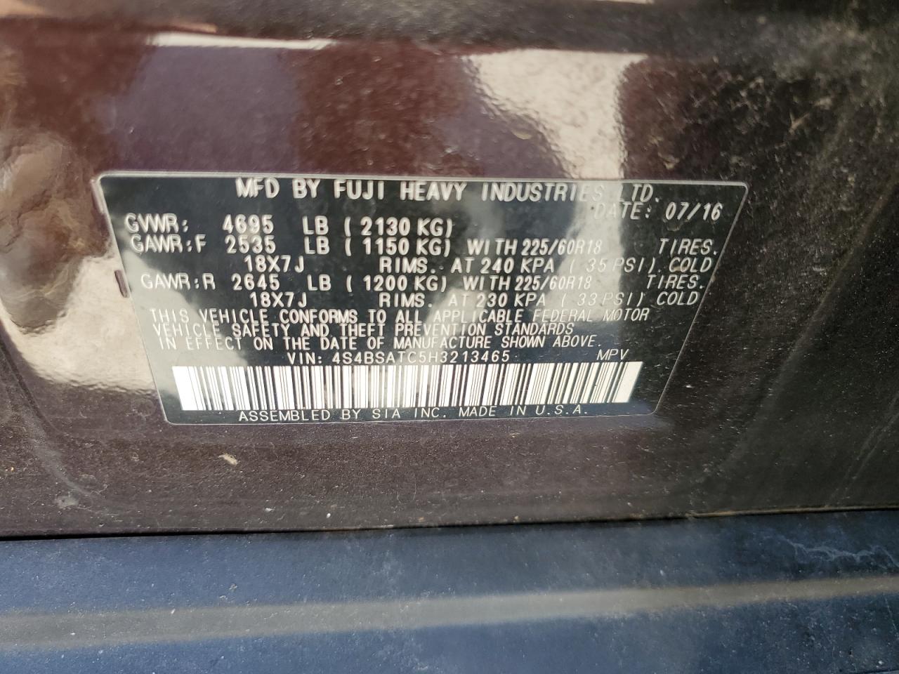 4S4BSATC5H3213465 2017 Subaru Outback Touring