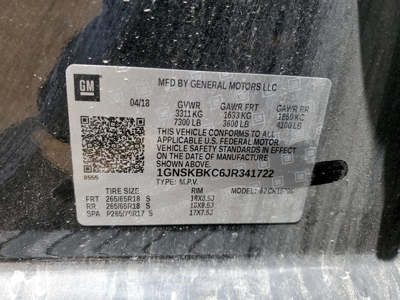 1GNSKBKC6JR341722 2018 Chevrolet Tahoe K1500 Lt