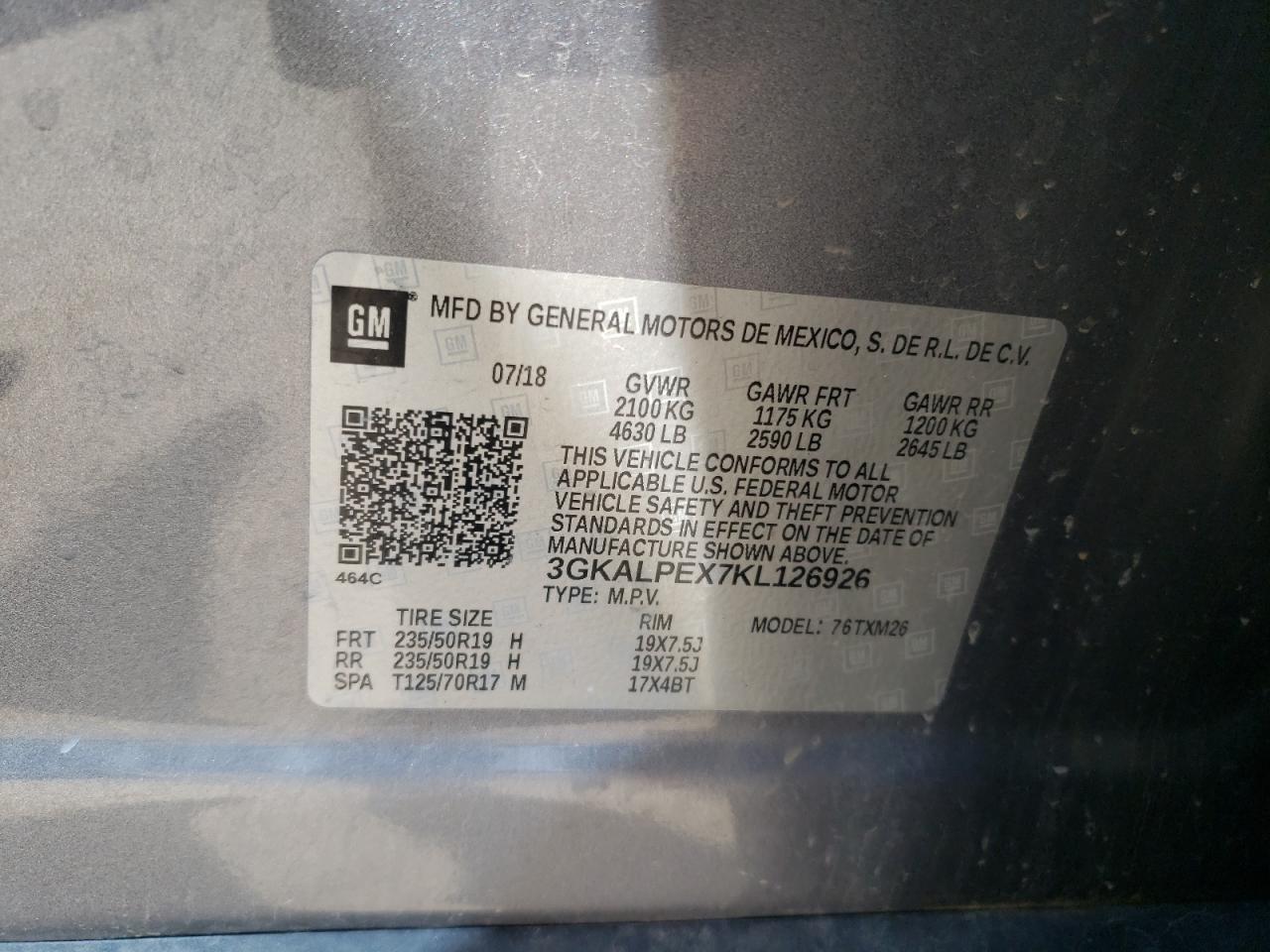 3GKALPEX7KL126926 2019 GMC Terrain Slt