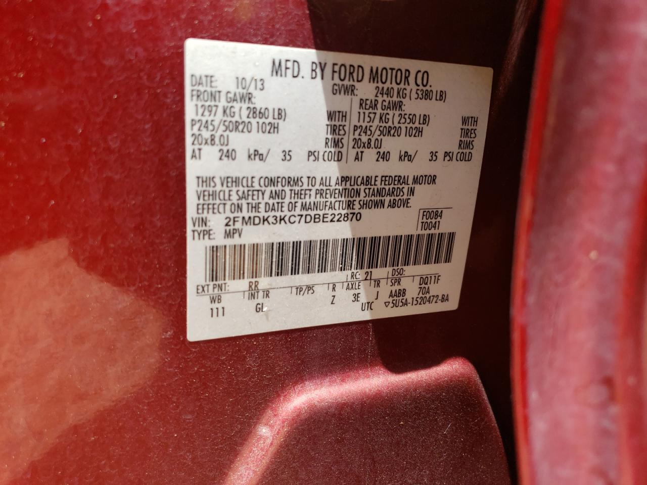 2FMDK3KC7DBE22870 2013 Ford Edge Limited