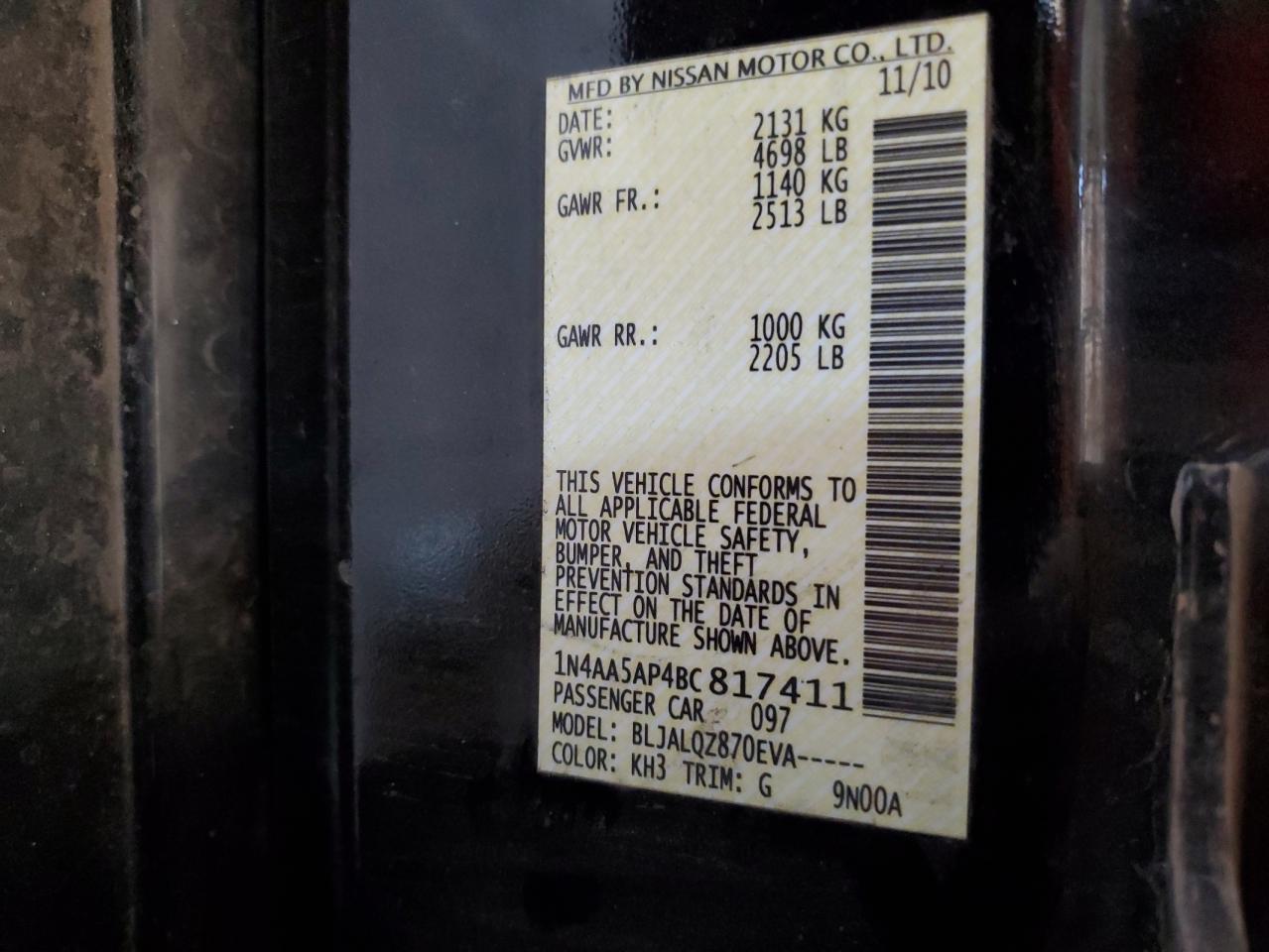 1N4AA5AP4BC817411 2011 Nissan Maxima S