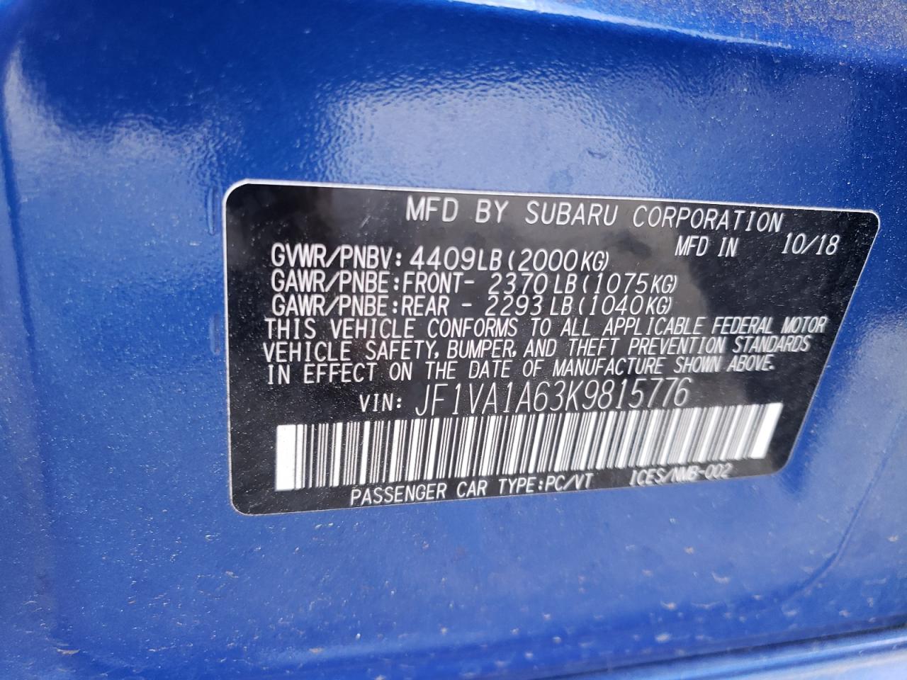 JF1VA1A63K9815776 2019 Subaru Wrx